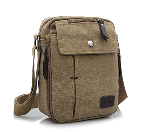 Bolsa de ombro masculina retrô pequena casual de lona transversal bolsa mensageiro, Caqui