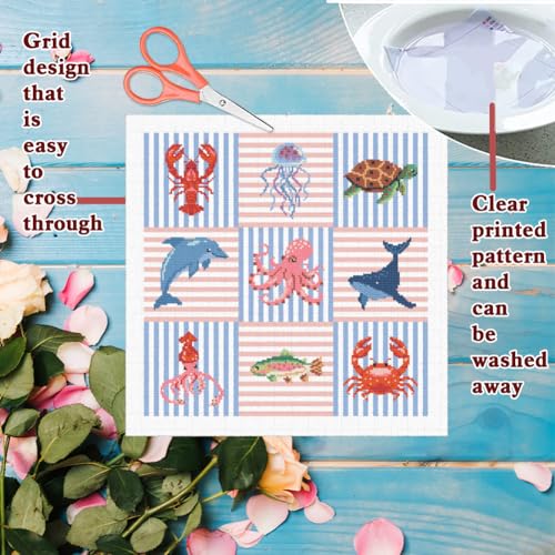 Image of FREEBLOSS 11CT Cross Stitch Kits Striped Sea Animal Stamped Embroidery Kits with Instruction Cross Stitch Wall Hanging Kit for Needlepoint Adults Wall Art Decoration 18 * 18in /45 * 45cm