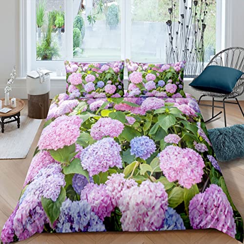 Loussiesd Floral Duvet Cover Hydrangea Bedding Set for Kids Women Girls Botanical Floral Comforter Cover Leaves Bedspread Cover Double Size Boys