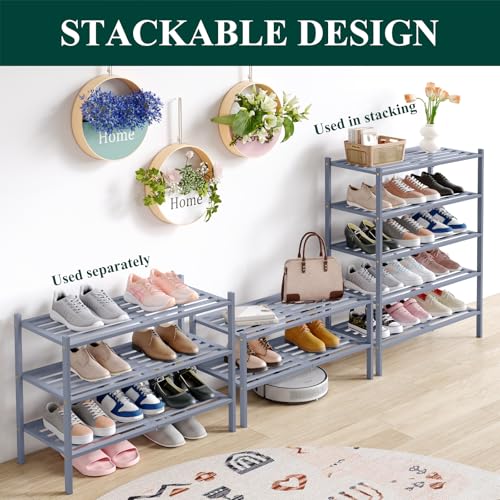 Image of Smiry Bamboo Shoe Rack, 5 Horizontal Slats, 4 Tier - 26.8 inch Wide, Grey