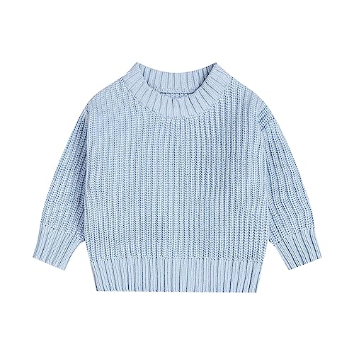 Toddler Boys Girls Knitted Sweater Solid Color Pullover Round Neck Long Sleeve Warm (Light Blue, 3-4 Years)