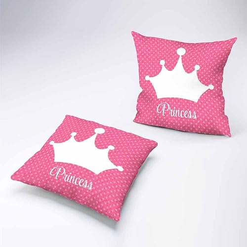 Miniatura 3 de Pehede Funda de almohada decorativa de lino y algodón con corona de princesa y corona blanca sobre lunares rosados, para sofá, silla, dormitorio, 18
