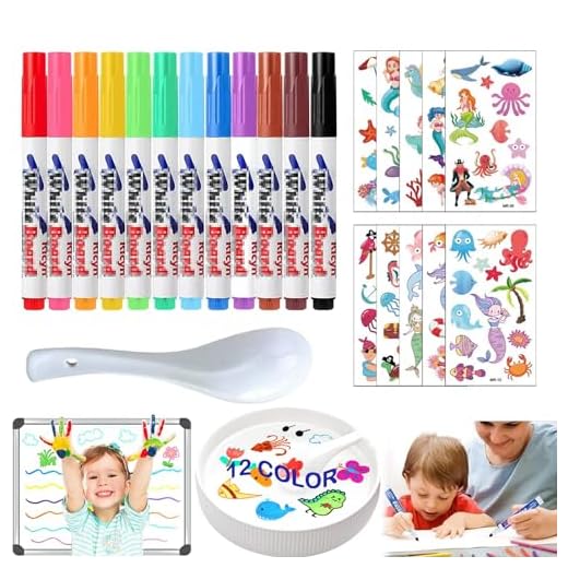 Lucky Sheeps 12 Piezas Rotuladores Agua Magicos, Rotuladores Mágicos Agua con Cuchara y 2 Pegatinas de Tatuajes, Rotuladores Mágicos Agua, Magic Pen, para Graffiti Dibujo Escritura Pizarra Ropa (B)