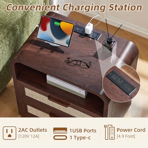Image of LEYAOYAO Rattan Nightstands Set of 2 with Charging Station, Walnut | 23.6 inch Curved 2 Drawers Nightstand with Storage Shelf & Solid Handle, Boho Bedside Tables for Bedroom, Living Room