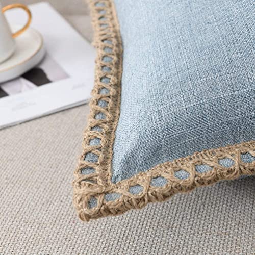 Nordeco Home Set Of 2 Farmhouse Throw Pillow Covers - Burlap Linen Trimmed Tailored Edges Decorative Cushion Covers For Bed Home Decoration, 18 X 18, Light Blue #TOP3