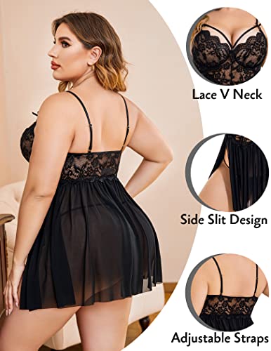 Image of Avidlove Plus Size Lingerie Lace Babydoll Womens Strap Chemise Nightgown V Neck Nighty Mesh Sleepwear Side Slit Nightdress