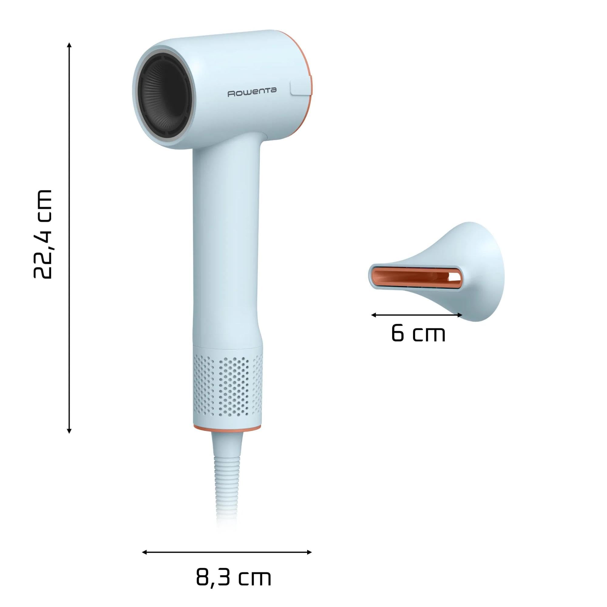 Rowenta Blumia Asciugacapelli Compatto e Leggero 350 g, Motore Digitale, Asciugatura Rapida, Generatore di Ioni, 3 Temperature, 2 Velocità, Beccuccio Magnetico, Blu