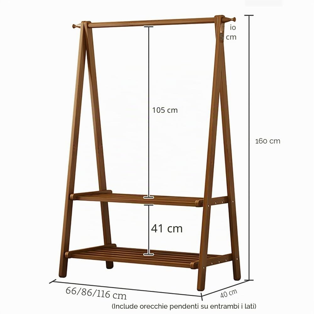 Attaccapanni in Legno, Appendiabiti con Portascarpe, 2 Ganci a Testa Tonda, Gruccia Multifunzionale Salvaspazio, Carica 100 kg, per Camera Corridoio Ingresso:66/86/116x40x160CM