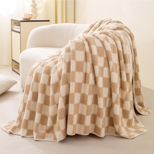 TrellisJoy Checkered Blanket 3D Soft Cozy Lightweight Throw Small Size Machine Washable Blankets Checkerboard-Cream Yellow 40 x 50