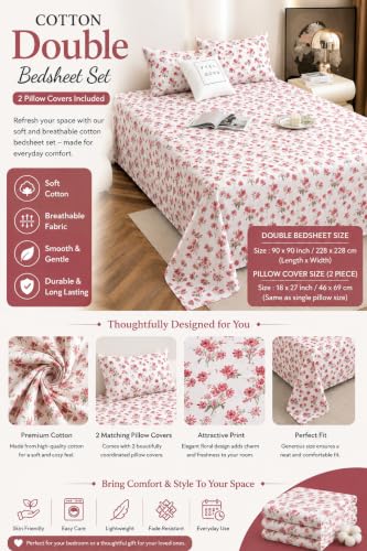 Image of IVAZA 240 TC Soft Ezyption Cotton Floral Print King Size Bedsheet - with 2 Pillow Covers, Hypoallergenic, Brethable, (Size- 90 x 90 Inch) Red White