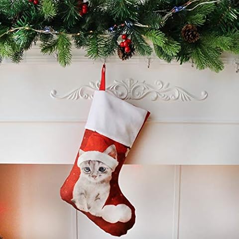 Houwsbaby Christmas Stockings Printed Cat Pattern Holder Gift Bags for Pets Cat Kids Ornament Party Accessory Celebrations, Red, 17'' (Cat) Cover
