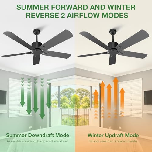 Image of Obabala Black Ceiling Fan No Light, 52 in Outdoor Flush Mount Ceiling Fans with Remote Control without Light, 5 Blades, 6 Speed Reversible DC Motor Modern for Patios, Garage, Bedroom, Porch