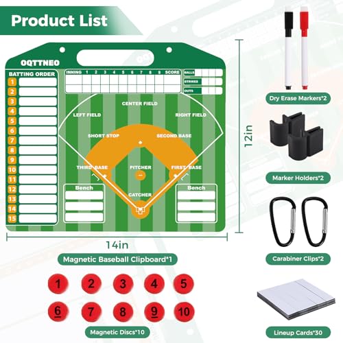 Magnetic Baseball Clipboard for Coaches, Dry Erase Baseball Lineup Board with 10 Discs, 30 Lineup Cards & 2 Markers, Powerful Magnet Softball Lineup Board for Dugout Management (Double-Sided)