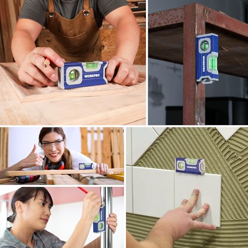 WORKPRO Magnetische Wasserwaage 115 mm, Mini Wasserwaage mit 2 Libellen 90°/180°, Magnetische Wasserwaage mit Aufhängeloch, Aluminiumlegierung, Starker Magnet, Rillendesign, für Messungen