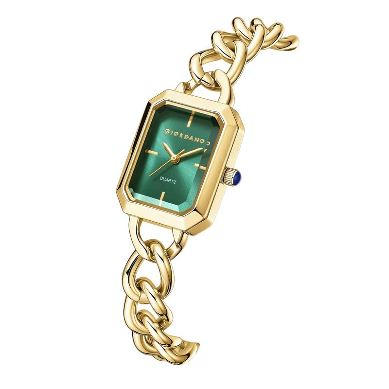 Image of Giordano Elegant Watch for Women with Gloss Sunray Dial, Quartz Movement, Rectangular Case, Stainless Steel Chain Strap and Blue Crown Accent
