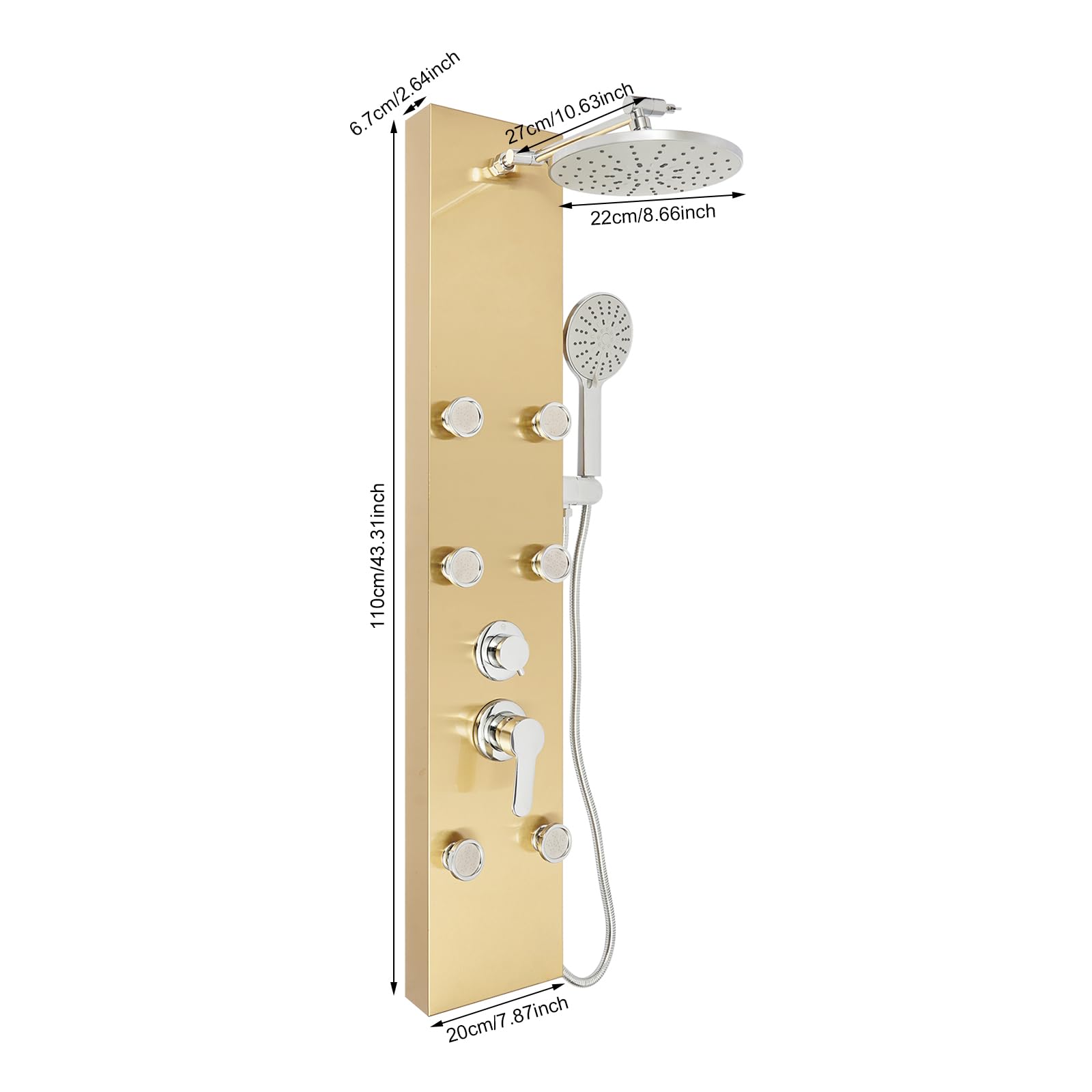 Duschsystem, 110x20x6.7 cm Badezimmer Duschset, Wandmontiertes Duschpaneel Duschset, Kopfbrause und Handbrause für Badezimmer in Privathaushalten, Hotels (Gold)