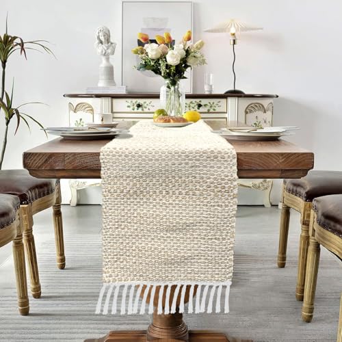 Image of Luxe Home Elegant Beige and White Woven Table Runner with Tassels - Mix Cotton Jute 13 x 74 Inch, Honeycomb - Perfect for Dining Table, Center Table, Decor