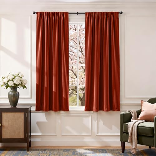 Image of Lazzzy Velvet Blackout Curtains Thermal Insulated Room Window Drapes Super Soft Luxury Curtains for Living Room Bedroom Rod Pocket 2 Panels, Rust Red, 52 inch W x 63 inch L