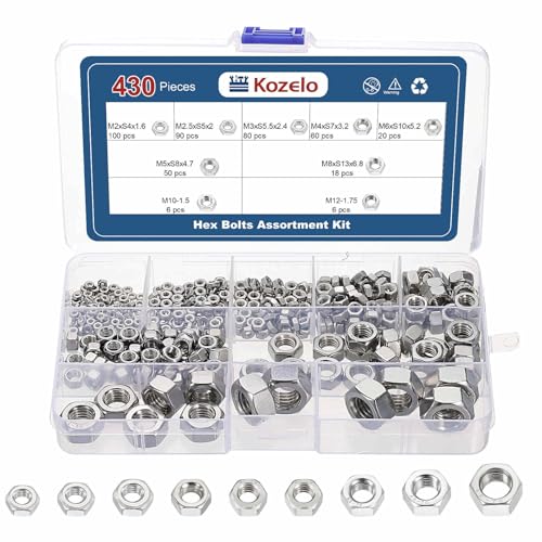 Kozelo 430 Piezas Kit de Tuercas Hexagonales Variadas - [M2 M2.5 M3 M4 M5 M6 M8 M10 M12] Acero Inoxidable 304 18-8 (A2-70) Juego de Tuercas para Reparación y Ensamblaje Mecánico, Plateado