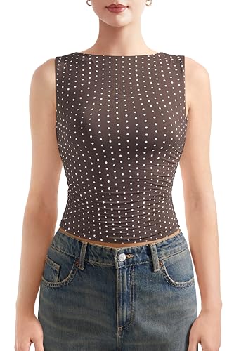 SUUKSESS Women Double Lined Sleeveless Going Out Basic Tank Tops Ruched Summer Casual T Shirts (Brown Polka Dots, Small)