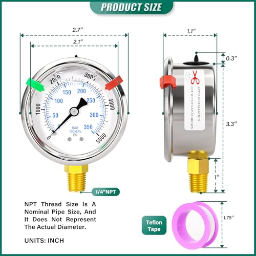 Image of 0-5000PSI Stainless Steel Glycerin Liquid Filled Pressure Gauge, 1 /4 inch NPT 2.5 inch Dial, Lower Mount, Designed for Pressure Testing of Water, Oil and Air (with Range Mark Pointer)