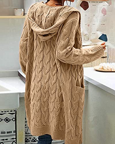 Image of Women Hooded Open Front Cardigan Cable Knit Chunky Long Sweater Coats