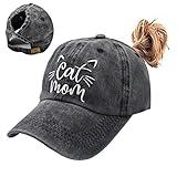 Waldeal Women's Cat Mom Embroidered Ponytail Hat, Adjustable Dad Hat Washed Baseball Cap Black