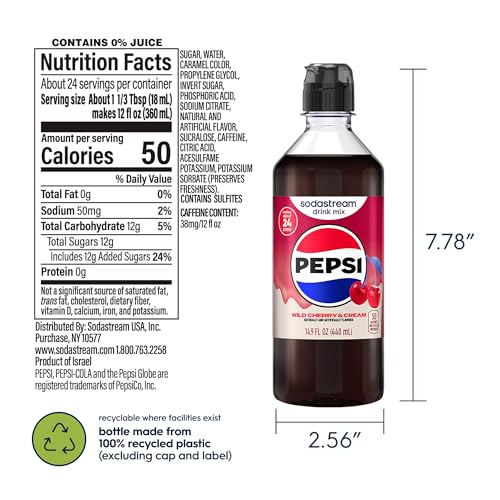 Image of SodaStream Wild Cherry Pepsi & Cream, New Pour Bottle 440ml, (Pack of 4)