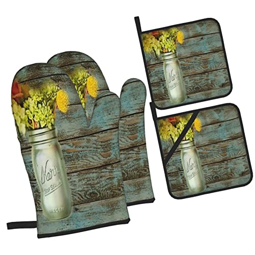 4Pcs Oven Mitts And Pot Holders Set Mason Jar Floral Barn Wood Western Country Print Heat Resistant Kitchen Gloves For Cooking,Baking,Grilling,Bbq #TOP1