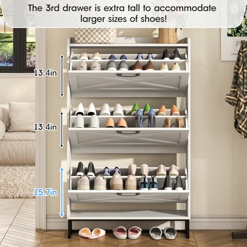 Image of Maupvit Shoe Storage Cabinet with 3 Flip Drawers, Freestanding Organizer with Metal Legs for Entryway, Narrow Shoe Rack Cabinet, White