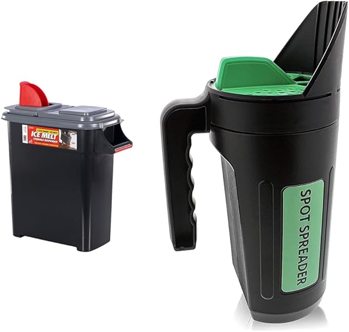 Gray Buddeez Ice Melt Dispenser with dual pour spouts and EZ grip handles for wood pellets