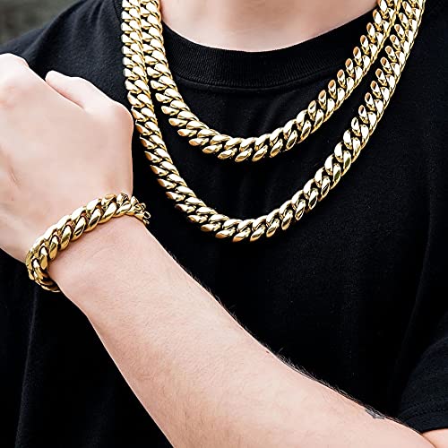 Cuban Link Bracelet for Men Women ,14k Real Gold Plated Miami Cuban Bracelet , 6-18mm Width ,8/8.5/9 inch Length Stainless Steel Bracelet,Stainless Steel Fashion Jewelry Bracelet- Send Gift Box(Father Day Birthday Valentine's Day Christmas Gifts)4