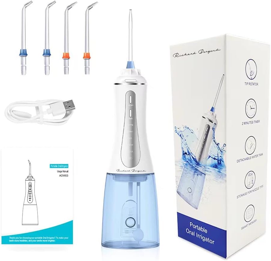 Richard Bergendi 5 Modes Cordless Water Flosser for Teeth, Dental Oral Irrigator with 350ML Tank and 4 Jet Tips, Waterproof Teeth Cleaner, Rechargeable Portable Water Flosser for Travel and Home Use
