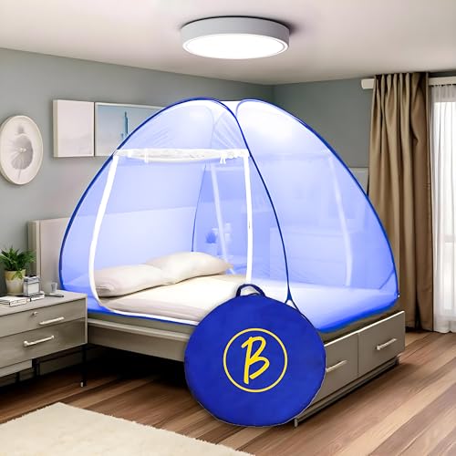 Image of Btag 100% Polyester Foldable Mosquito Net - Premium Durable Insect Protection with Strong Frame, Easy Setup & Portable Storage Bag - Ideal for Home, Travel, Outdoor Use.|Clr Net | Queen| Blue