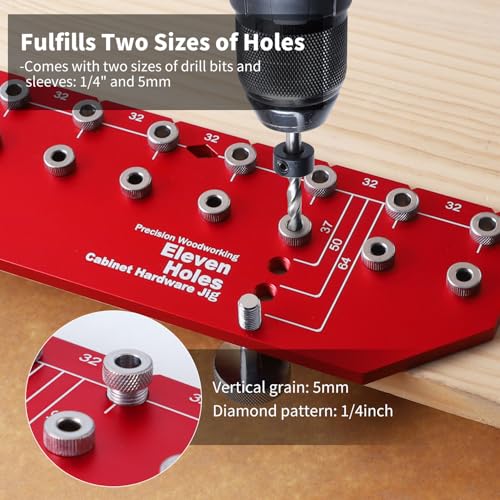 Image of RUITOOL Shelf Pin Jig 11 Holes, Self-contained Clamping Function All Metal Shelf Pin Drilling Jig with 1 /4 inch and 5mm Drill Bit, Shelf Hole Jig and Cabinet Hardware Jig Tool Drill Guide with Storage Bag