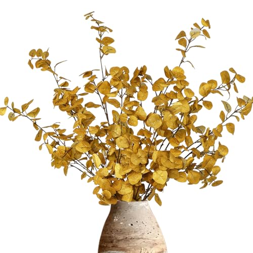 DuHouse 6 Pcs Gold Artificial Eucalyptus Stems,Faux Glitter Eucalyptus Branches