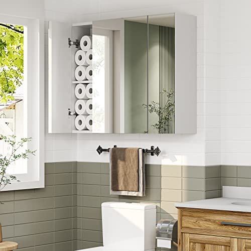 Dictac Bathroom Medicine Cabinets With 3 Doors Mirror Bathroom Cabinet Wall Mounted With 3 Adjustable Shelves 27.6''X23.6''X5.9'' Wood Hanging Storage Cupboard For Bathroom,Living Room,Kitchen,White #TOP6