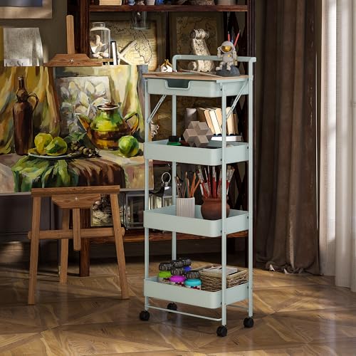 Miniatura 9 de Homcom Carrito Auxiliar Con Ruedas De 4 Niveles Carro De Cocina Con 1 Cajón Y 3 Cestas Carrito Organizador Para Dormitorio Salón Oficina Verde Claro