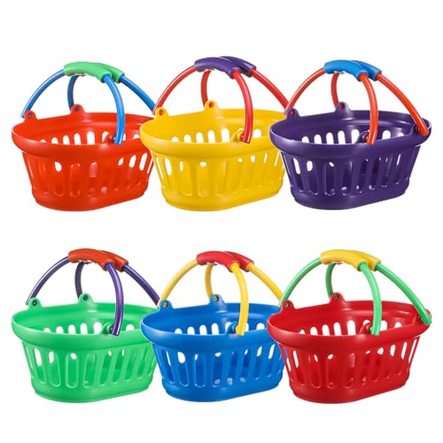 Reallnaive 6 Pack Plastic Small Baskets with Handle Bulk Colorful Picnic Shopping Stack of Baskets for Grocery Storage for Picnic Camping Easter Party Supplies