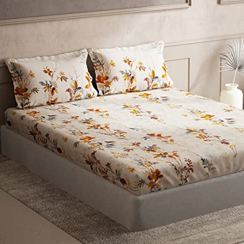 Image of D'Decor 136TC Cotton One Double Bedsheet with Two Pillow Covers - King Size, Floral, Brown