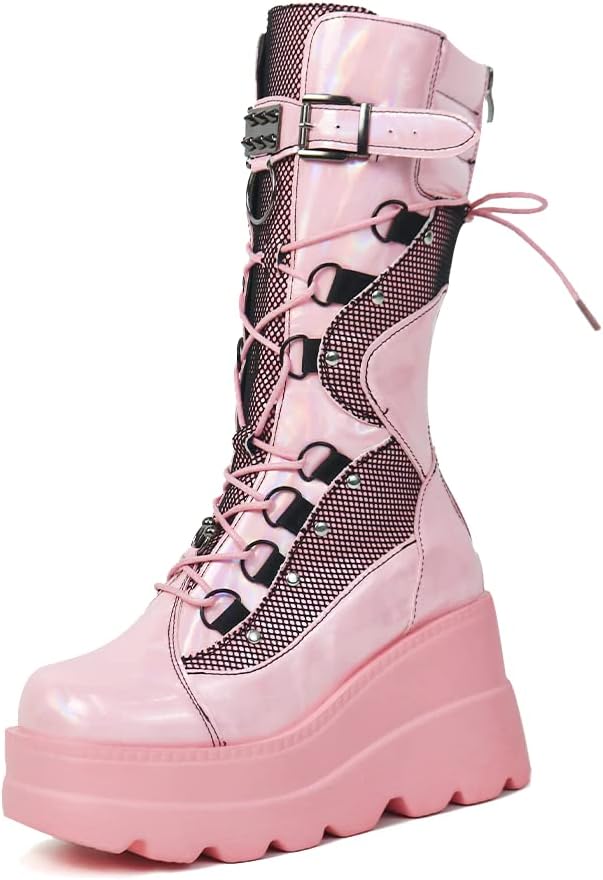 Wedge Heel Studded Goth Knee High Boots 