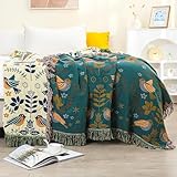 HOORDRY Baumwolle gewebte Decke Muster,Überwurf mit Fransen,Doppelseitig Boho tagesdecke,230×250CM,Blau/Beige,Edele und kuschelig weiche TV-Decke Couchdecke Sesseldecke Wendedecke bettüberwurf