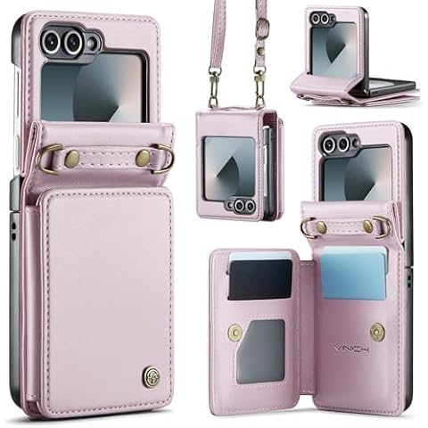 Vinich Crossbody for Samsung Galaxy Z Flip 6 Case with RFID Blocking Card Holder, Durable Leather Strap Wristlet Flip Wallet Phone Case for Galaxy Z Flip 6, Rose Gold Cover