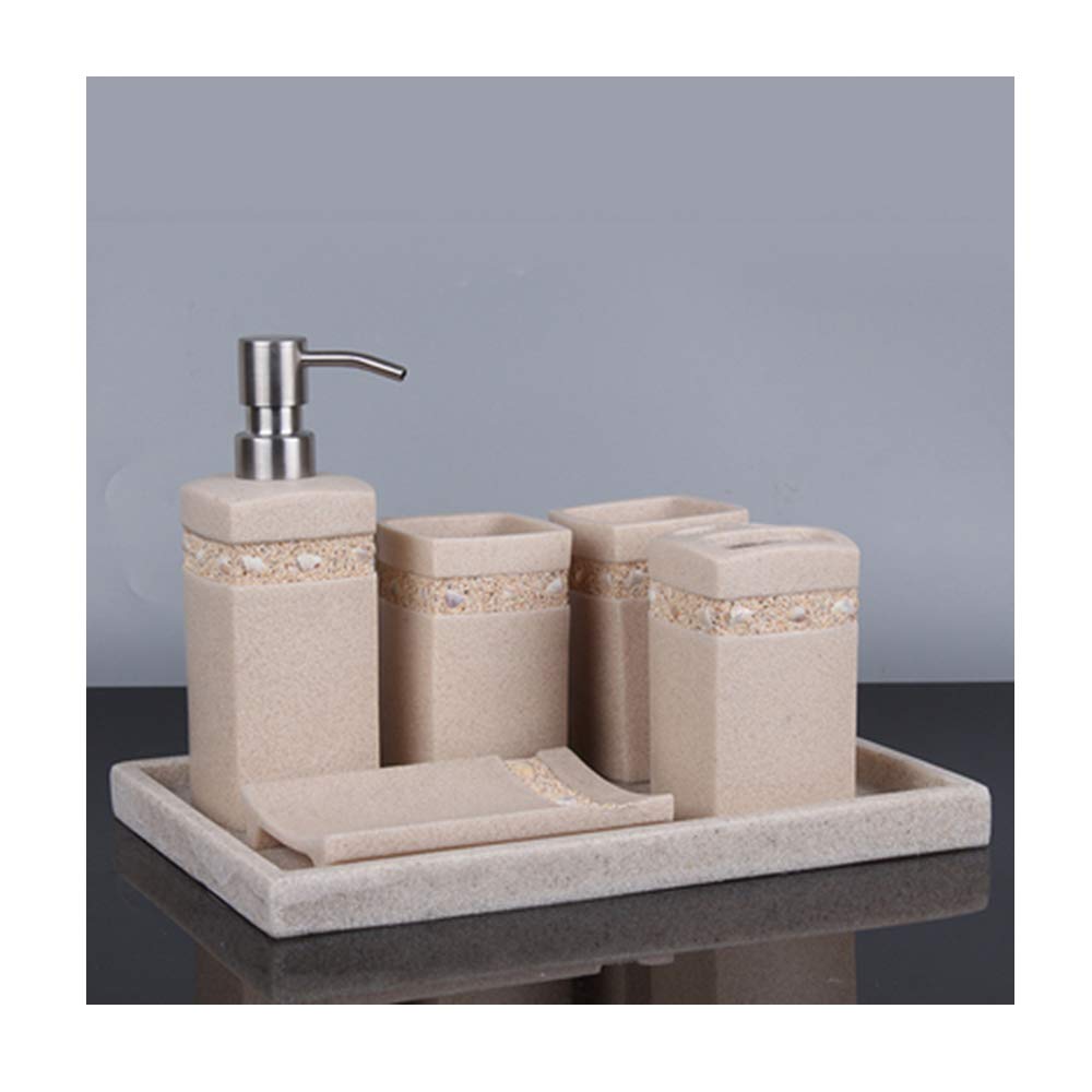 Estilo Moderno Juego de Accesorios de Baño de Resina Conjunto de Baño con Porta Cepillo de Dientes, 2 Tazas, Dispensador de Jabón Líquido, Jabonera, Arena Creativa,with Right Angle Tray