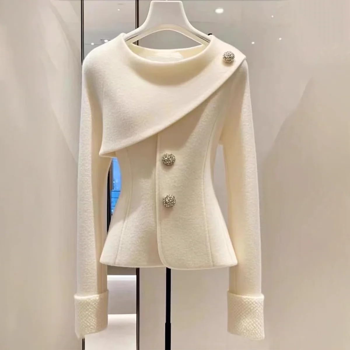 XNC Women's Fitted Crewneck Long Sleeve White Plain Front Button Pullover Coat 2025 Spring Winter Fashion Inelastic Outfits - Image 3