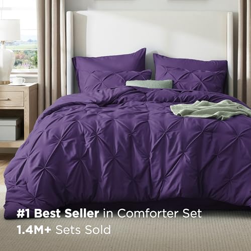 Image of Bedsure Queen Comforter Set Purple - Bed in a Bag Queen Size Bedding 7 Pieces, GentleSoft Pintuck Bed Set Gift for Family, All Season Down Alternative Comforter with Sheets, Pillowcases & Shams