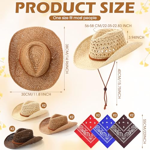 Image of Newcotte 6 Set Straw Cowboy Hats and Bandanas for Women Western Cowgirl Beach Sun Hat Bulk with Windproof Rope for Party Travel