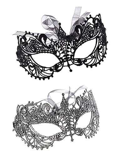 Liatunou 2 Pieces Women's Masquerade Mask Lace Eye Mask for Ball Proms,Halloween Carnival and Venetian Masquerade Party (Black & Silver)