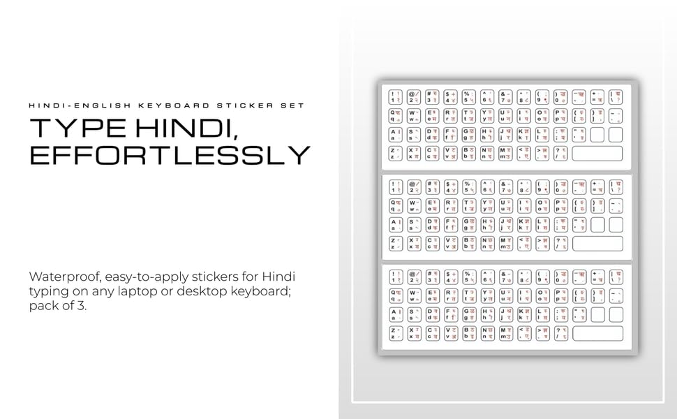 Image of Hindi-English Typing Keyboard Sticker for Desktop and Laptops | Made in India | Suitable for All Types of Keyboard | Water Proof (Pack of 3 Pcs.) White
