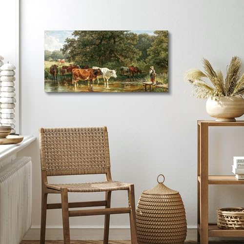SERIMINO Landscape Wall Art Vintage Decor, Animal Cow Canvas Prints, Forest Grazing Cattle Aesthetic Pastoral Paintings, Rustic Farmhouse Wall Decor Living Room Bedroom, 20x40 Inch